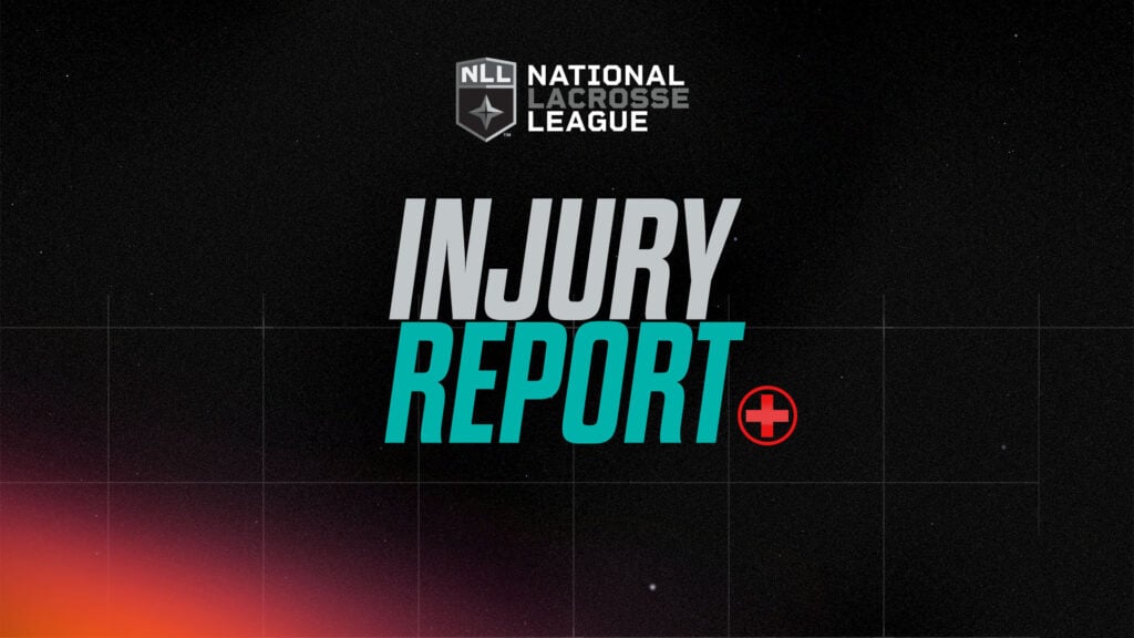 Graphic with a dark background displaying text that says "INJURY REPORT" in large letters, with "NLL" and "National Lacrosse League" logos above. A red medical cross symbol is positioned to the right of the text.