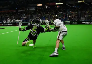 A lacrosse game scene with two players in action: one in a black jersey with green accents and the number 2, reaching for the ball, while the other in a white jersey with black and gold accents, holding his stick. A crowd is visible in the background, and the field is bright green.