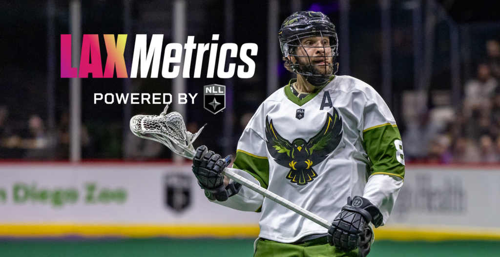 A lacrosse player wearing a white and green uniform with a bird logo, holding a lacrosse stick, stands on a field with fans in the background. The text "LAXMetrics" and "Powered by NLL" is displayed prominently over the image.