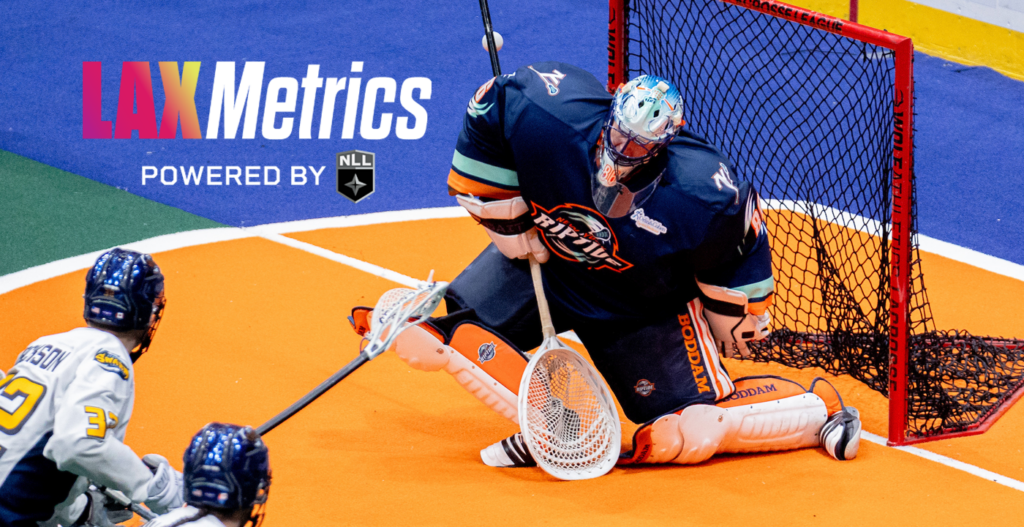 Lacrosse goalie in action, preparing to block a shot against a player in a white jersey. The scene features a colorful indoor arena with a focus on the goalie and the net.