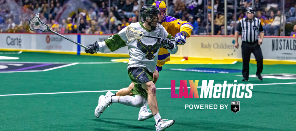 Lacrosse players compete on a green field, one in a white and green uniform and the other in a purple and yellow uniform, with a referee observing.