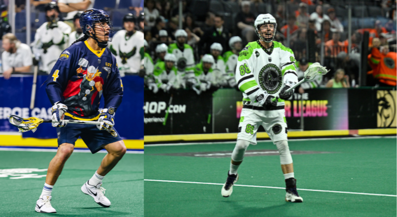Two lacrosse players in action; one in a colorful uniform on the left and the other in a white and green uniform on the right.