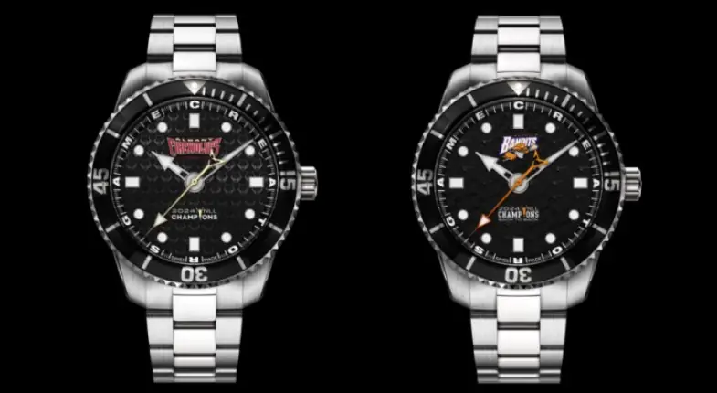 Two black wristwatches with silver bands, one featuring the Buffalo Bandits logo, the other with a different design.
