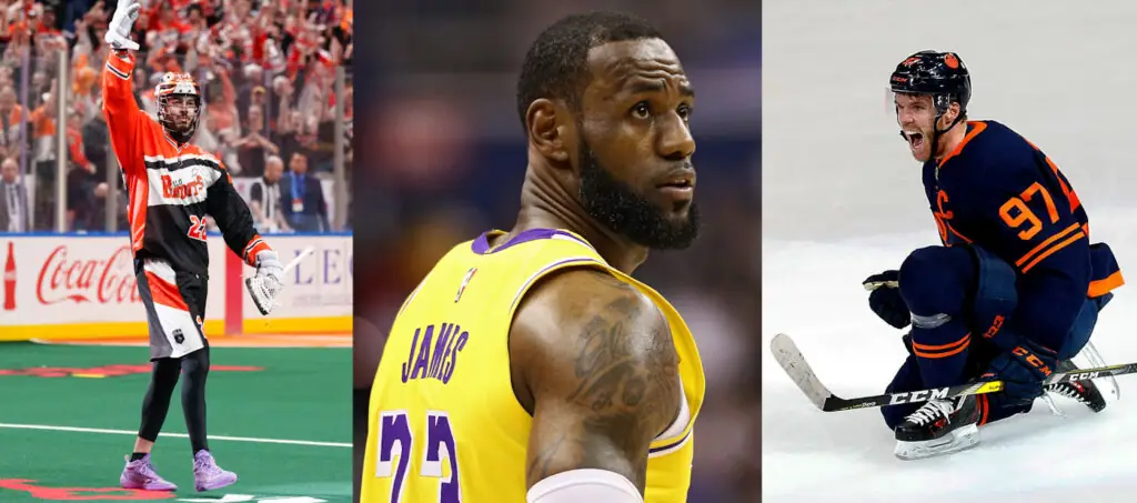 Three athletes: a lacrosse player celebrating, LeBron James in a basketball jersey, and an excited hockey player in action.