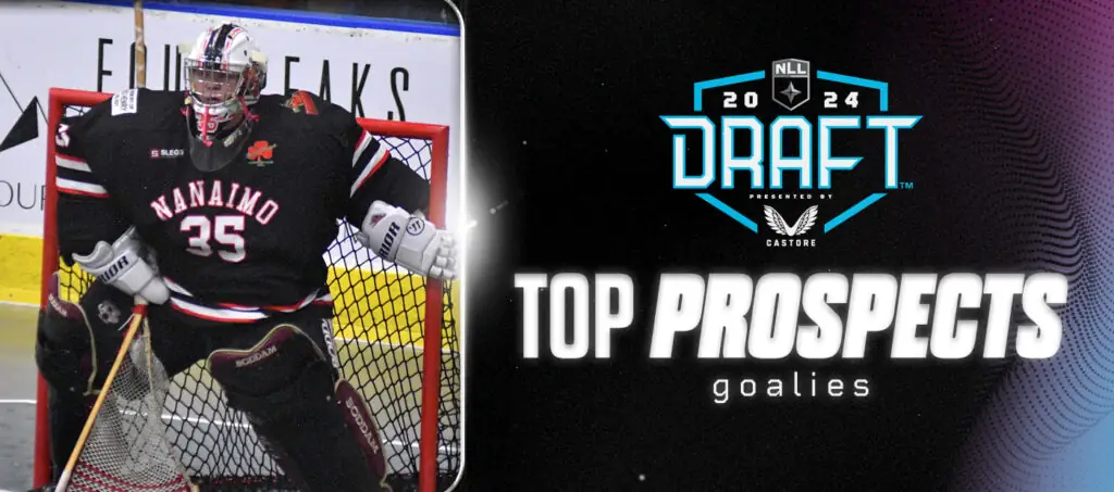 Goalie in a black jersey with "Nanaimo" and number 35, positioned in front of a lacrosse goal.