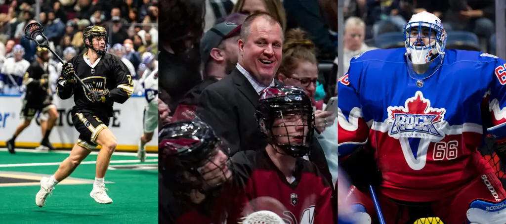 A lacrosse player in a black uniform runs with the ball on the left, a smiling man in a suit sits among players in the center, and a goalie in a blue and red uniform prepares for action on the right.