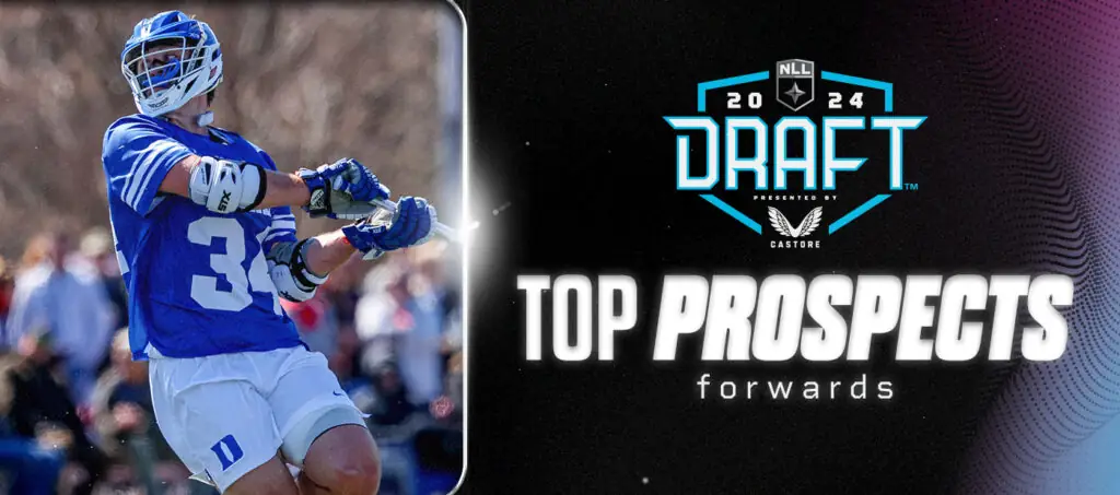 A lacrosse player in a blue uniform throwing a ball, with text highlighting "Top Prospects Forward" and the NLL 2024 Draft logo.