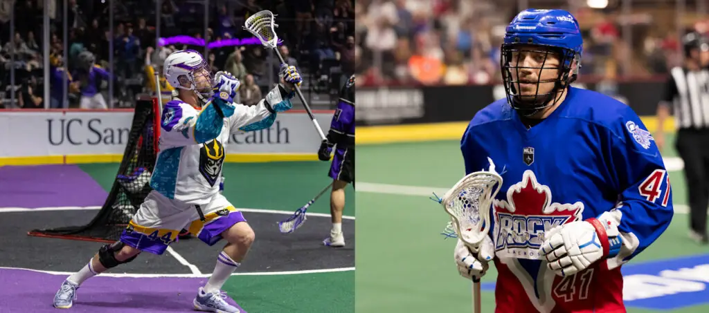 Two lacrosse players compete on the field, one in a purple and teal uniform shooting a ball, and the other in a blue jersey with a maple leaf design carrying a stick.
