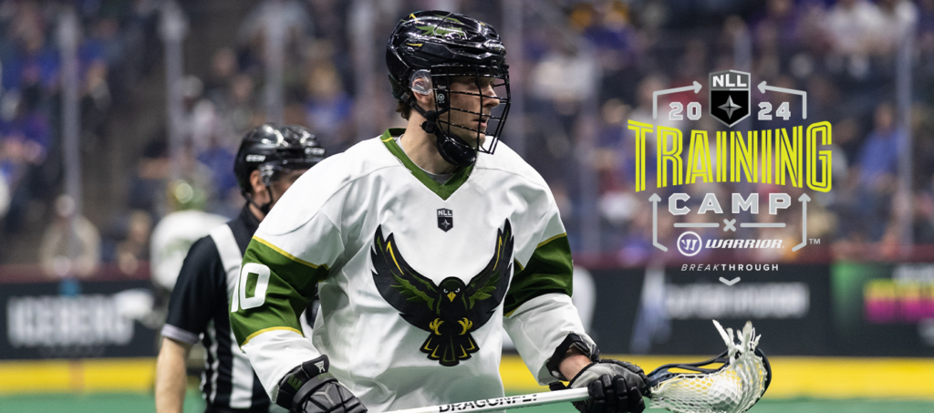 A lacrosse player in a white jersey with green accents and an eagle logo stands on the field, holding a stick. The background shows fans in a sports arena, and promotional text for the 2024 NLL Training Camp appears in the upper right corner.