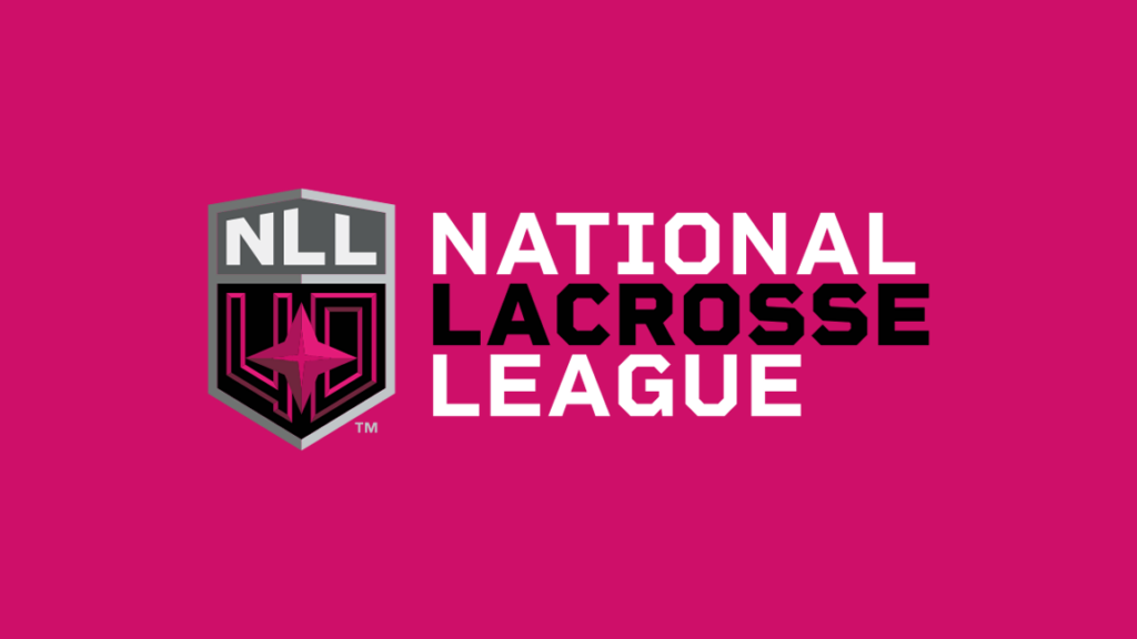 NLL logo with a pink background, text: "National Lacrosse League" in white and black
