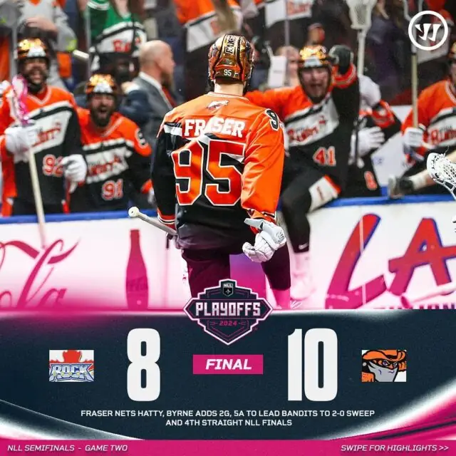 Bandits advance to the NLL Finals! @nllbandits defeat @thetorontorock 10-8. Fraser (3G) was on fire for the bandits. Mathews (2G, 3A) had 5 points for the rock.

🎥 Highlights! 👉
@warriorlax