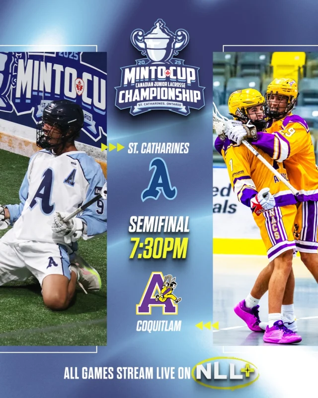 A ticket to @themintocup Finals is on the line! 🏆

🥍 @athleticsjra vs. @coqjunioradanacs 
📺 Watch all of the action LIVE on NLL+