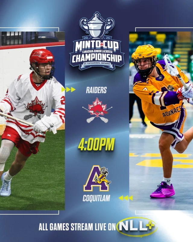 It's almost time for Game 5! 

🥍 @raidersjralax vs. @coqjunioradanacs 
📺 Watch @themintocup live on NLL+