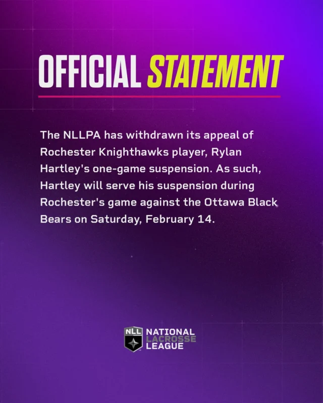 Official NLL disciplinary update regarding Hartley’s one-game suspension.