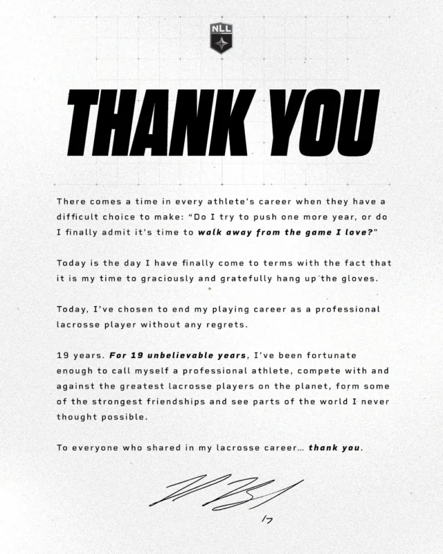 A statement from Ryan Benesch. 

Read Ryan’s full farewell letter on NLL.com